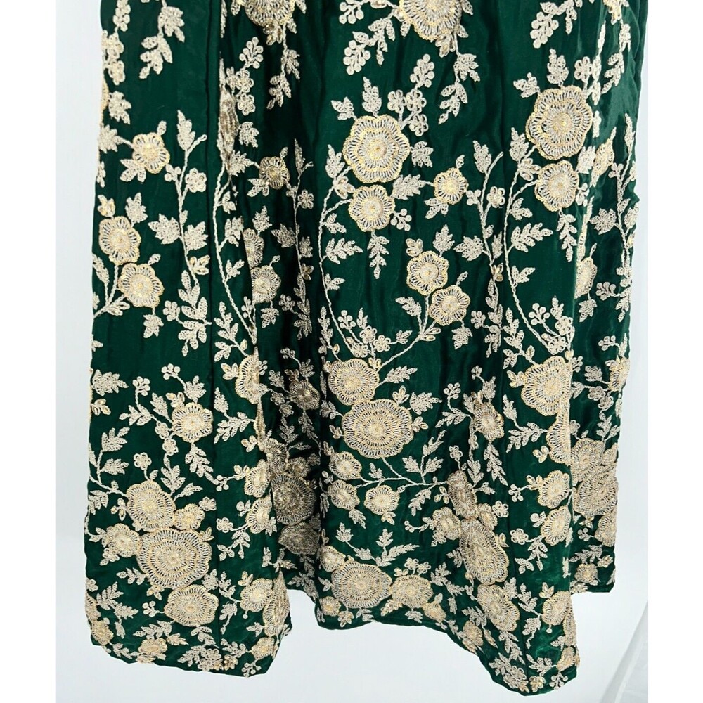 Women's Green Gold Satin Embroidered Indian Skirt With Beaded Drawstring - Picture 3 of 8
